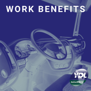 The text "work benefits" and the YDL logo with a truck cabin in the background